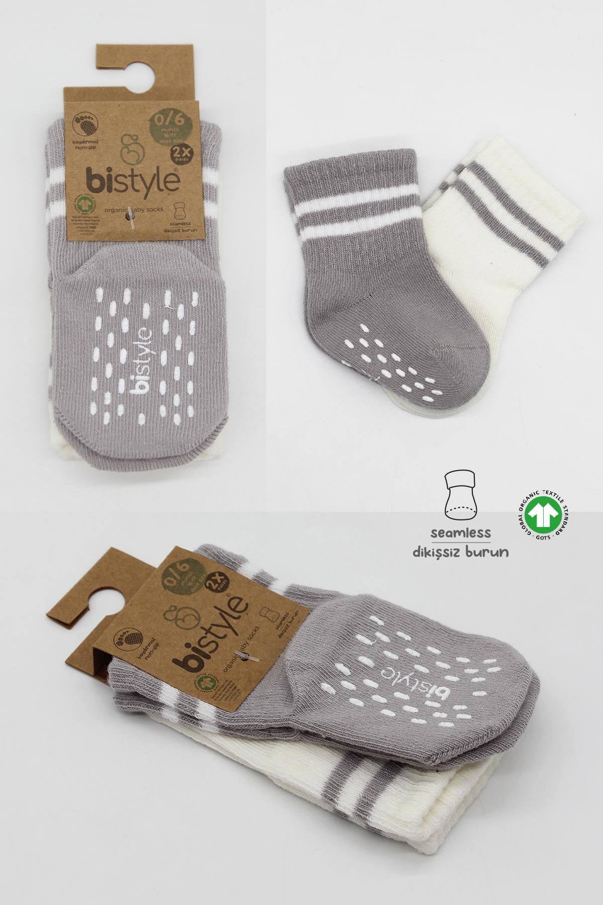 Bistyle 2'Li Çemberli Kaymaz Soket Çorap 10125 Gri Ekru