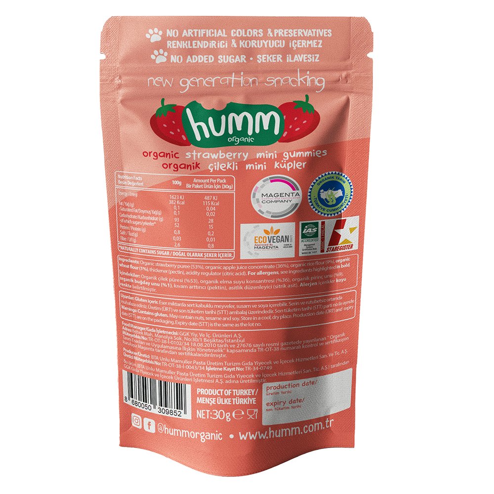 Humm Organik Çilekli Glutensiz Vegan Mini Küpler 30 Gr