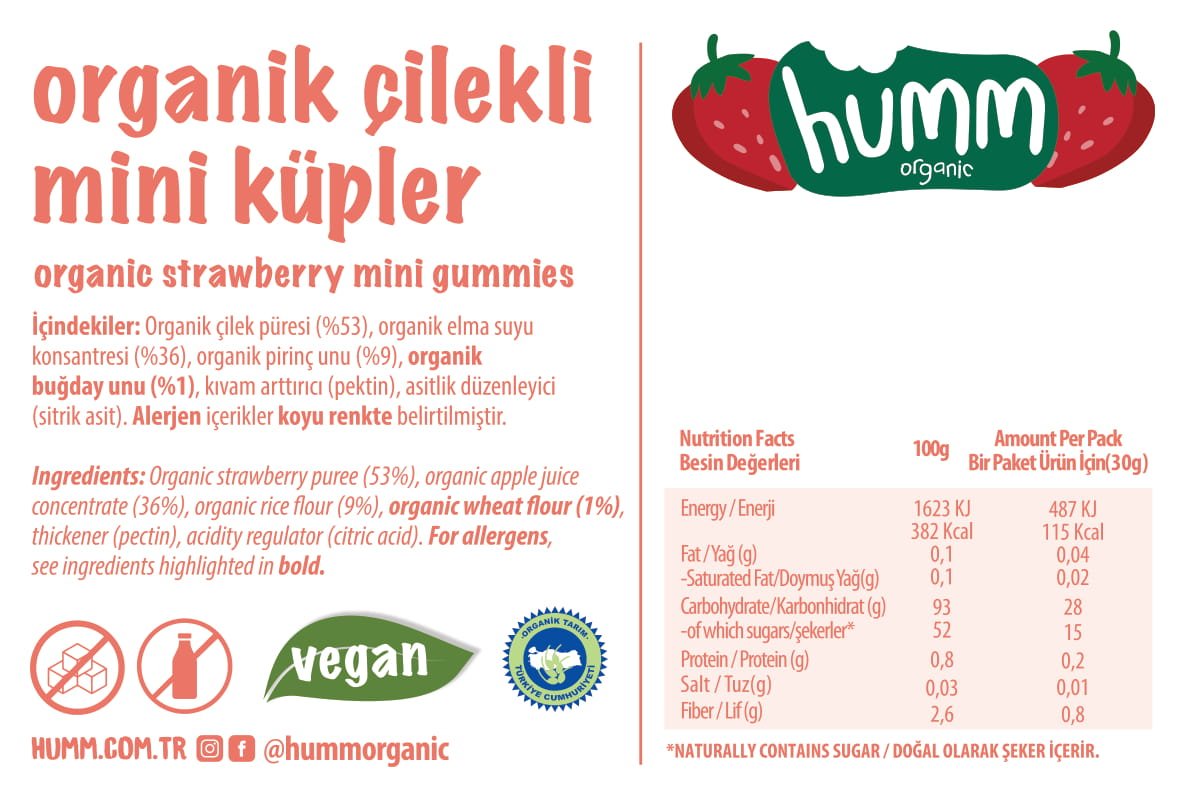 Humm Organik Çilekli Glutensiz Vegan Mini Küpler 30 Gr